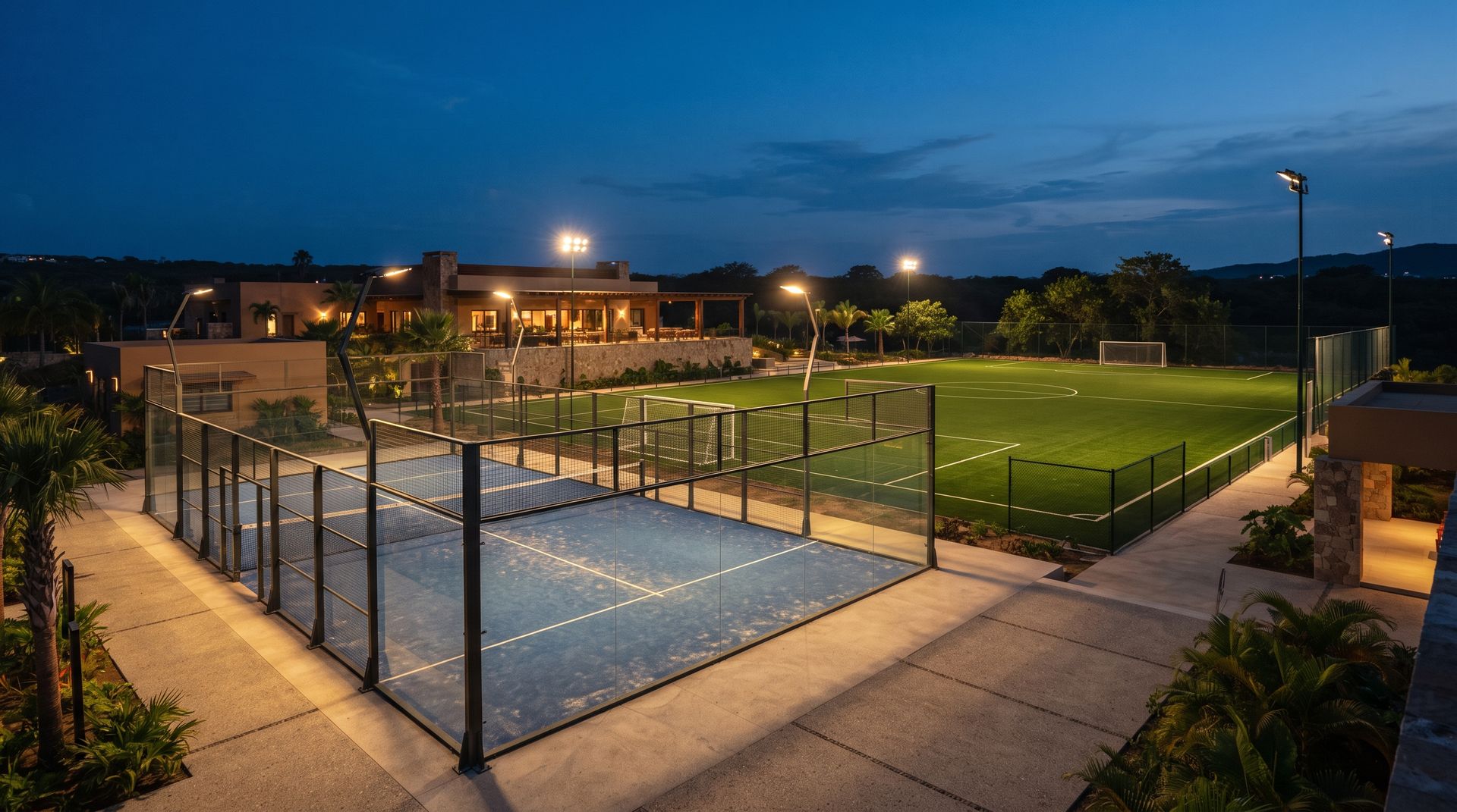 Club con canchas de pádel y fútbol de pasto sintético